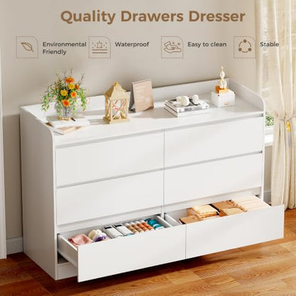 White Dresser with 6 Drawers - Modern 6-Drawer Bedroom Chest | Anti-Tip, MDF