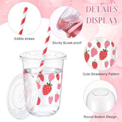 Red Strawberry Party Cups Set of 50 with Lids & Straws - 16oz Disposable Plastic
