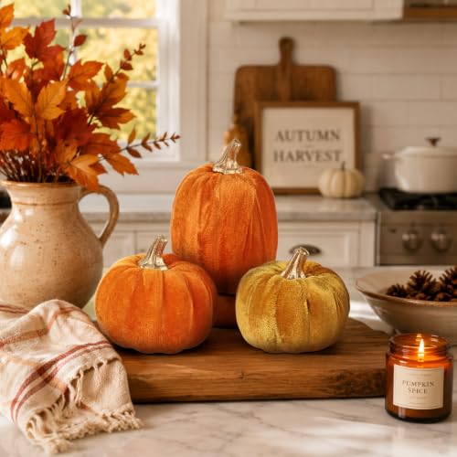 Artificial Mini Velvet Pumpkins Fall Decor - Orange Series Set of 3