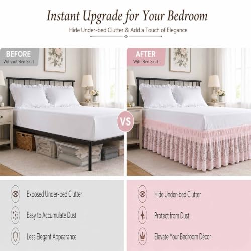 Off-White Lace Bed Skirt with Elastic Edge - 15 Inch Drop Ruffled Dust Ruffle - Princess Style