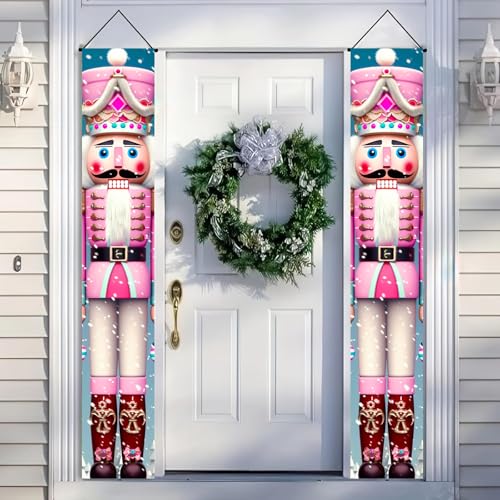 Pink Nutcracker Christmas Porch Banner Set - 71x12 Inch Holiday Door Decorations