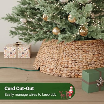 28 Inch Woven Rattan Christmas Tree Collar - Natural, 5-Piece Xmas Tree Skirt