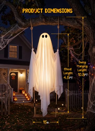 Minetom 4.5FT Medium Swinging Ghost Halloween Outdoor Decor, Hanging Ghost with Lights