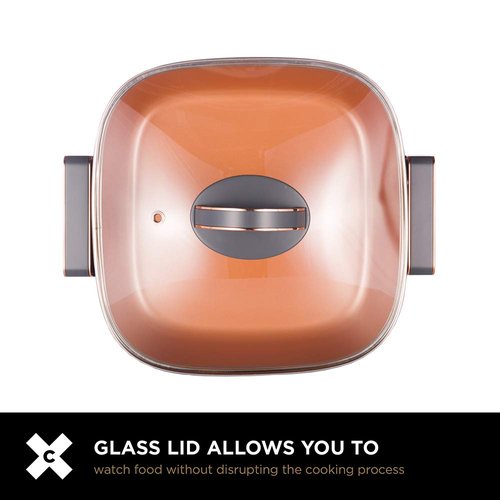 CRUX Electric Skillet with Glass Lid - Nonstick Scratch Resistant Ceramic Pan, Extra Deep with Removable Temperature Probe, 12" x 12", 1200 Watts, PFOA & PTFE Free