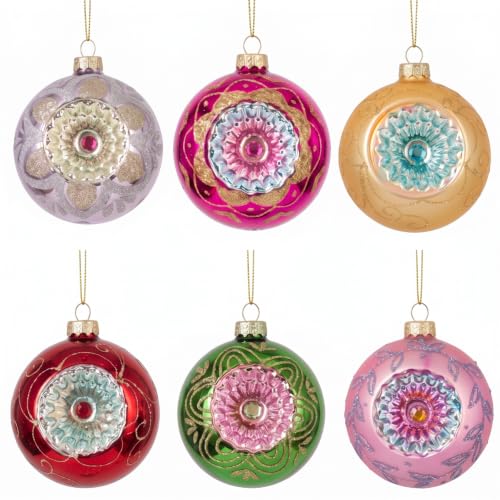 Vintage Glass Christmas Ornaments Set - Red Series, 12 Large 4-Inch Baubles with Glitter Accents