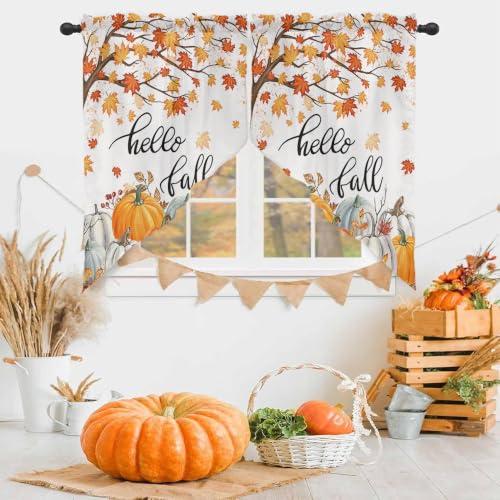 Pumpkin Fall Maple Leaves Swag Valance Curtains for Kitchen & Bedroom - 2 Panels 56W x 36L, Pumpkin04 Variation
