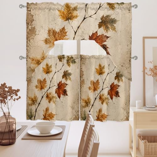 Brown Sienna Fall Maple Leaf Window Valance and Tier Curtains Set - 3 Pieces, 27.5W x 36L