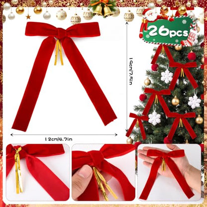 Red Velvet Christmas Tree Bows Set of 26 with Variation - Elegant Holiday Decor