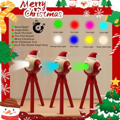 Kids Christmas Santa LED Flashlight with 8 Color Modes & Songs - Foldable Octopus Stand, Holiday Gift