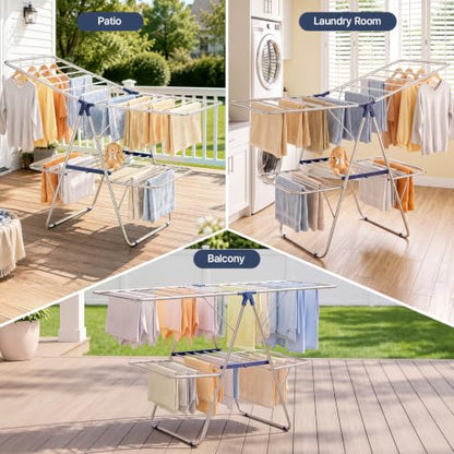 Large Dark Blue Stainless Steel 2-Tier Foldable Clothes Drying Rack - 57 Inches Max Height