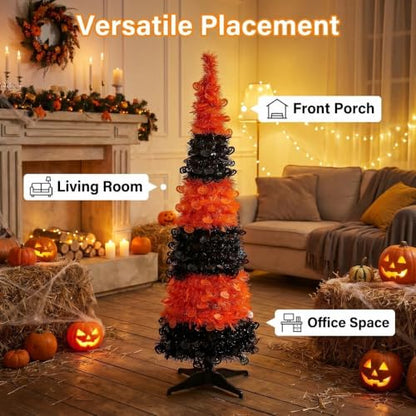 5ft Collapsible Halloween Tinsel Tree Black and Orange Reusable Pop-Up Decor
