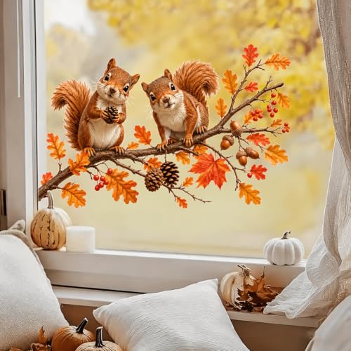 Fall Window Clings Stickers Squirrel & Pine Cones Autumn Decorations - Squirrel Pine Cones Variation