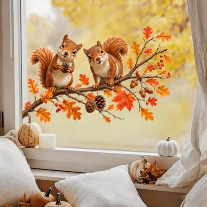 Fall Window Clings Stickers Squirrel & Pine Cones Autumn Decorations - Squirrel Pine Cones Variation