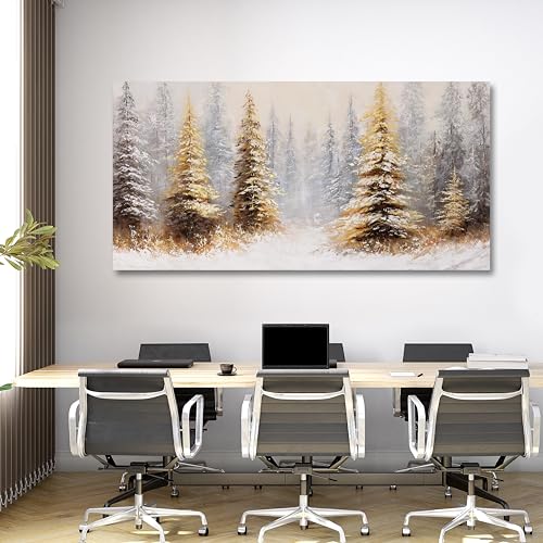 Vintage Wall Art Canvas 58x29 Inches Christmas Tree Landscape Abstract Gold Frame - Yellow White