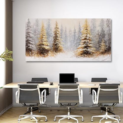 Vintage Wall Art Canvas 58x29 Inches Christmas Tree Landscape Abstract Gold Frame - Yellow White