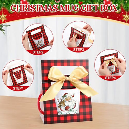 Christmas Coffee Mugs with Gift Boxes - Red Green Watercolor Set of 12