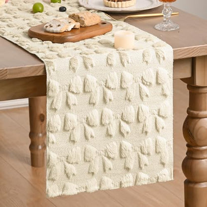 Beige Faux Fur Jacquard Bows Table Runner - 13x120 Inch Valentine Home Decor