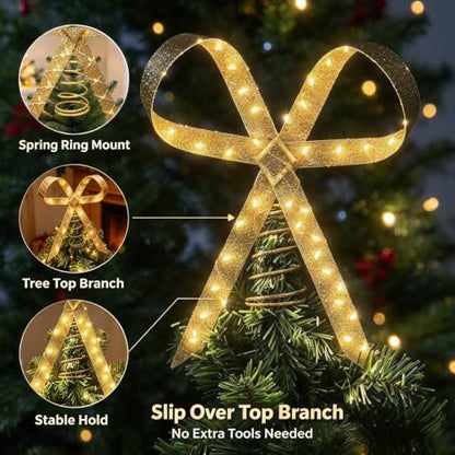 Gold Glitter LED Christmas Tree Topper Bow with 8 Light Modes, Waterproof