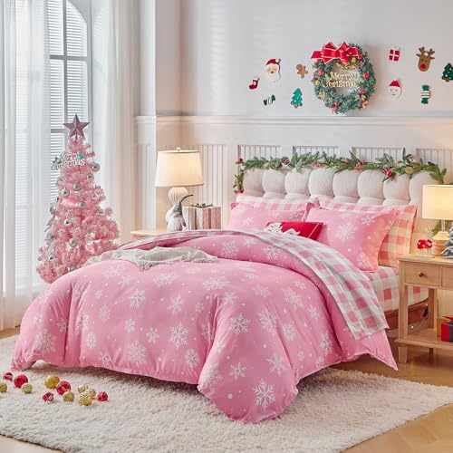 Christmas Bed in a Bag Twin Set with Snowflakes - Pink & White Holiday Bedding