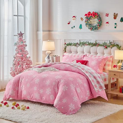 Christmas Bed in a Bag Twin Set with Snowflakes - Pink & White Holiday Bedding
