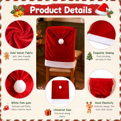 4 Pack Christmas Santa Hat Velvet Chair Covers - Festive Holiday Seat Decor