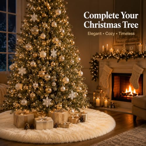 48 Inch Beige Faux Fur Christmas Tree Skirt - Holiday Decor for Xmas Tree