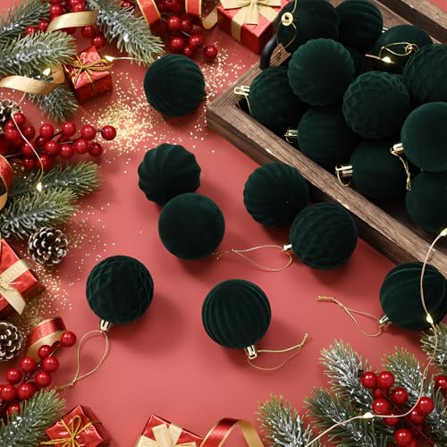32 Pcs Velvet Christmas Ball Ornaments Bulk for Tree Dark Green - PullCrease