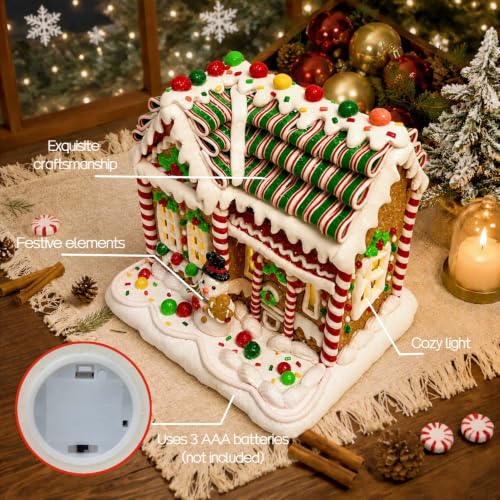 Lighted Gingerbread House Decor - 8 Inch Christmas Clay Display with LED Light