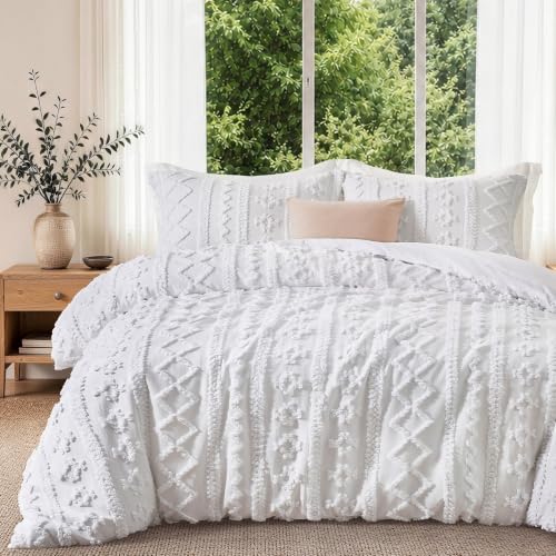 Queen Boho Duvet Cover Set with Tufted Geometric Texture - White