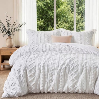 Queen Boho Duvet Cover Set with Tufted Geometric Texture - White
