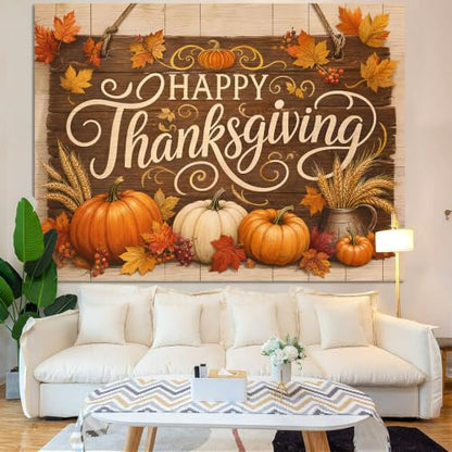 Thanksgiving Rustic Wood Banner Tapestry - Fall Decor, 44x60in, Variation of Wood Board Pumpkin