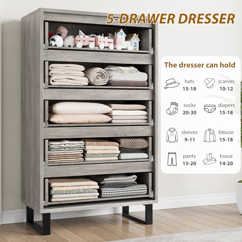 Garvee 5-Drawer Bedroom Dresser - 50.5" Vertical Storage with 15.7" Depth, Grey