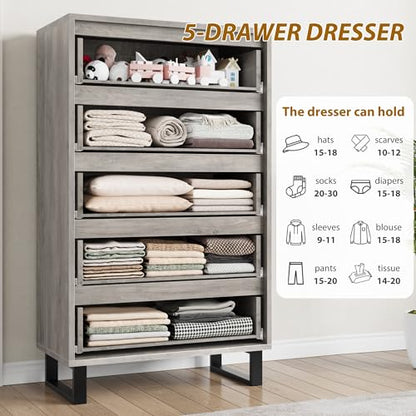 Garvee 5-Drawer Bedroom Dresser - 50.5" Vertical Storage with 15.7" Depth, Grey