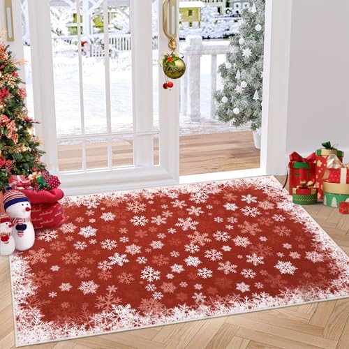 Christmas Snowflake Rug 2x3 Entryway Rug - Red Snow Pattern, Non-Slip Backing