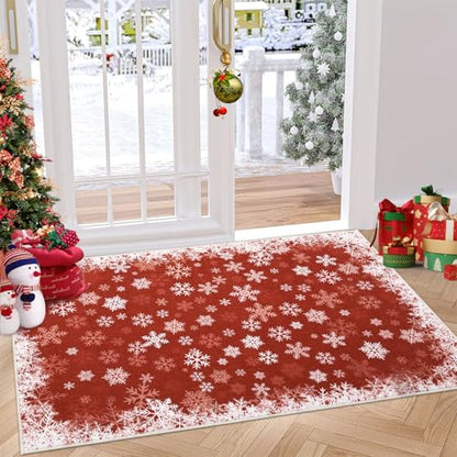 Christmas Snowflake Rug 2x3 Entryway Rug - Red Snow Pattern, Non-Slip Backing