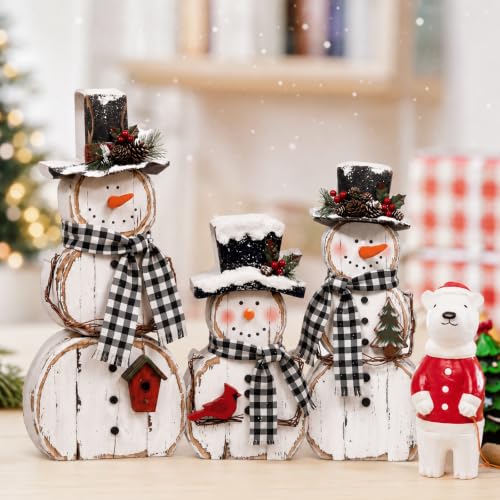 Christmas Snowman Table Decorations Set with Pine Top Hat - Rustic Winter Indoor Decor, 3 Pcs