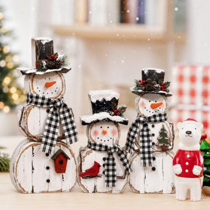 Christmas Snowman Table Decorations Set with Pine Top Hat - Rustic Winter Indoor Decor, 3 Pcs