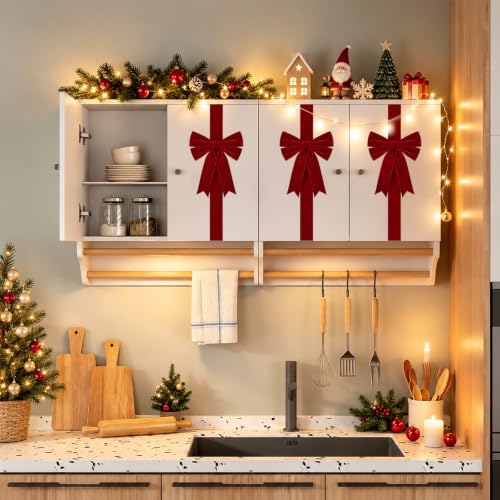 Christmas Cabinet Bows Set - Velvet Red 12 Pcs for Kitchen & Holiday Decor