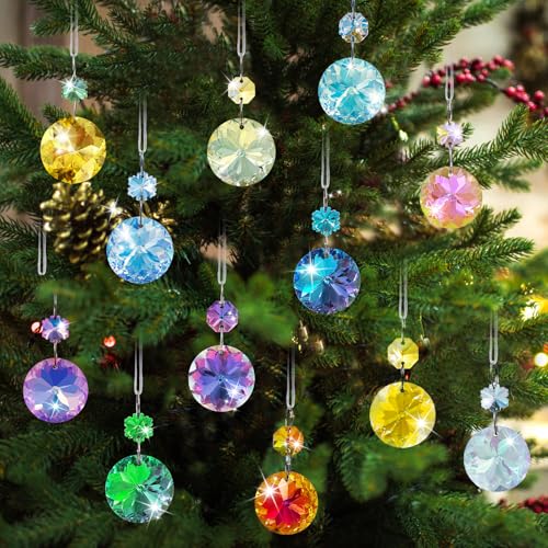 24pcs Iridescent Crystal Ornaments for Christmas Tree & Holiday Decor - Round & Flower Shaped