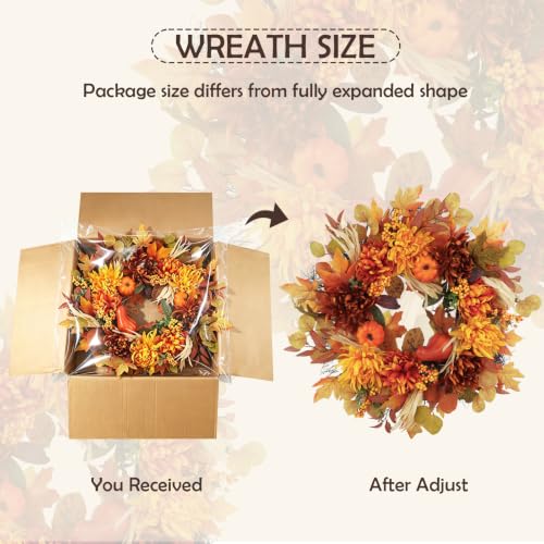 26-Inch Fall Wreath with Dahlia Pumpkin Berries - Autumn Harvest Front Door Decor - Golden Maple Variation