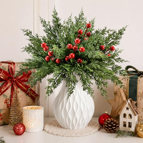 26PCS Artificial Christmas Pine Branches with Red Berry Stems - Holiday Decor