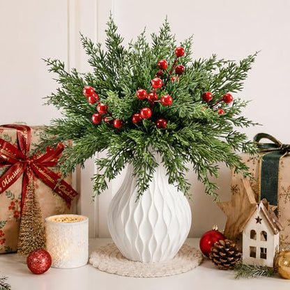 26PCS Artificial Christmas Pine Branches with Red Berry Stems - Holiday Decor