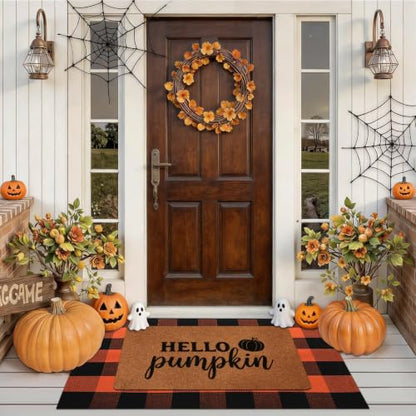 Halloween Door Mat Set with Pumpkin Coir & Orange Black Plaid - Fall Porch Decor