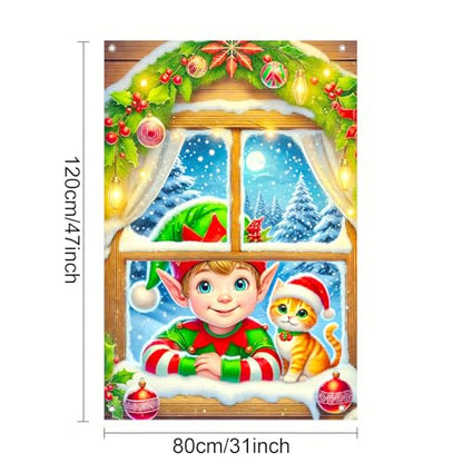 Elf Cat Christmas Window Banner - Fabric 31x47 Inch - Color 3