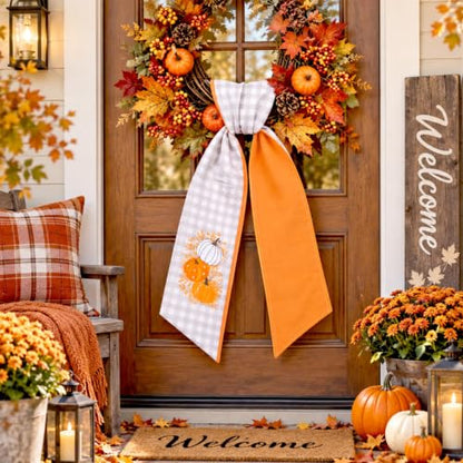 Fall Wreath Sash for Front Door - Gray White Plaid Pumpkin Decor