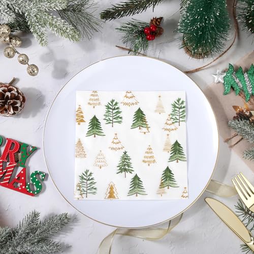 Christmas Tree Paper Napkins with Gold Glitter Trees - 100 Pcs, 6.5in - Xmas Trees