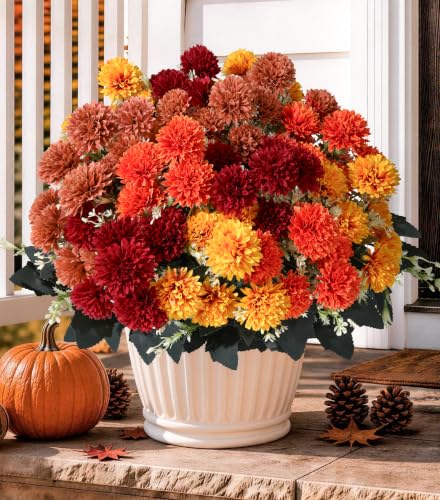 Artificial Fall Mums Flowers for Outdoors - 12 Bundles, UV Resistant, Realistic Faux Chrysanthemums - Multi Variation
