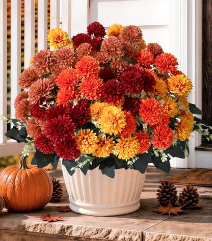 Artificial Fall Mums Flowers for Outdoors - 12 Bundles, UV Resistant, Realistic Faux Chrysanthemums - Multi Variation