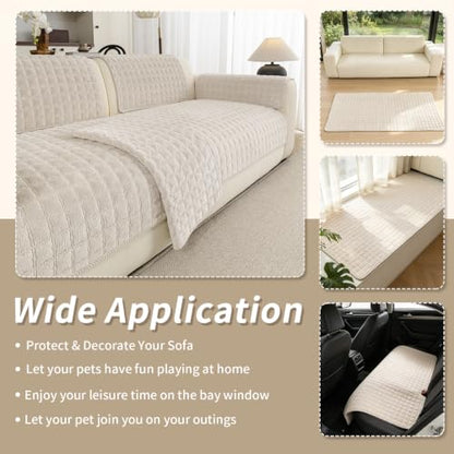 Beige White Sectional Sofa Cover for Pets - 35x94 Inch, Quilted Non-Slip Design