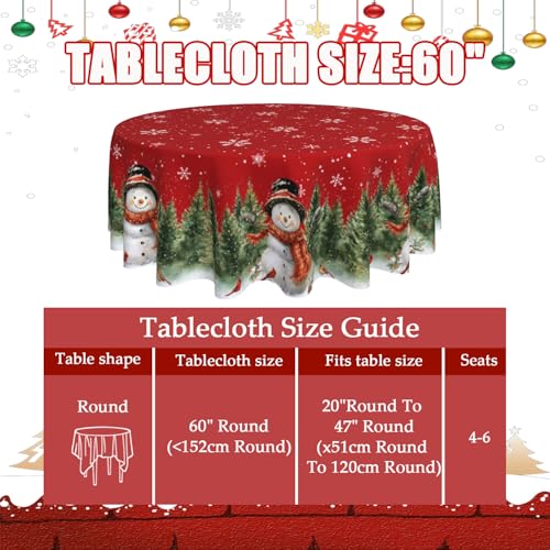 Christmas Snowman Round Tablecloth 60 Inch - Red Holiday Decor